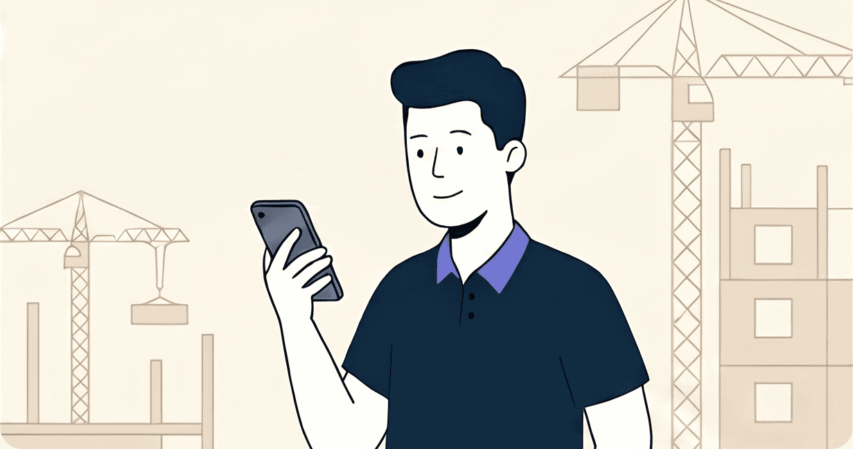 Artisan sur le chantier, devis prêt sur son téléphone